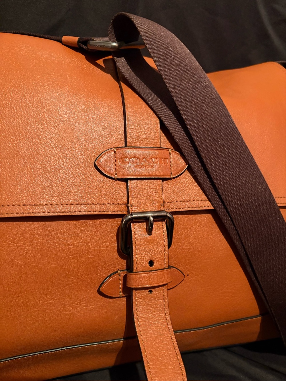 Coach Leather Messenger Bag in warm Terracotta Tan with Dark Brown Strap